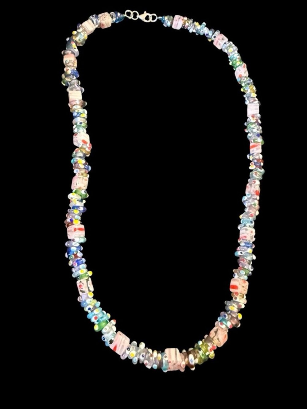 Vintage 925 Sterling Silver Murano Millefiori Evil Eye Glass Bead Necklace - Picture 6 of 6